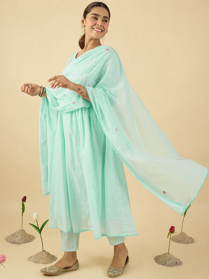 Women Floral Embroidered Cotton Kurta with Trousers & Dupatta