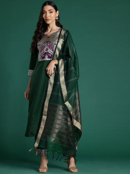Dhiyona IE Ethnic Motifs Yoke Design Pure Cotton Kurta With Trousers & Dupatta