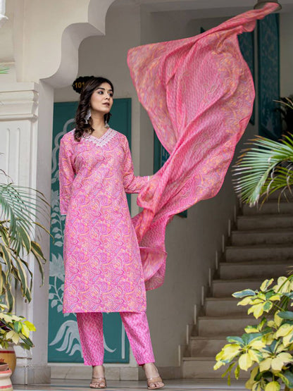 Dhiyona VA Women'sPaisley Printed Regular Thread Work Kurta with Trouser & Dupatta