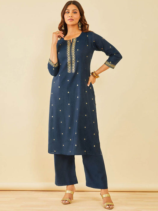 Dhiyona SO Women's Women Floral Embroidered Regular Sequinned Kurta with Palazzos