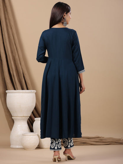 Dhiyona IS Women's Ethnic Motifs Embroidered Thread Work Anarkali Kurta With Trousers