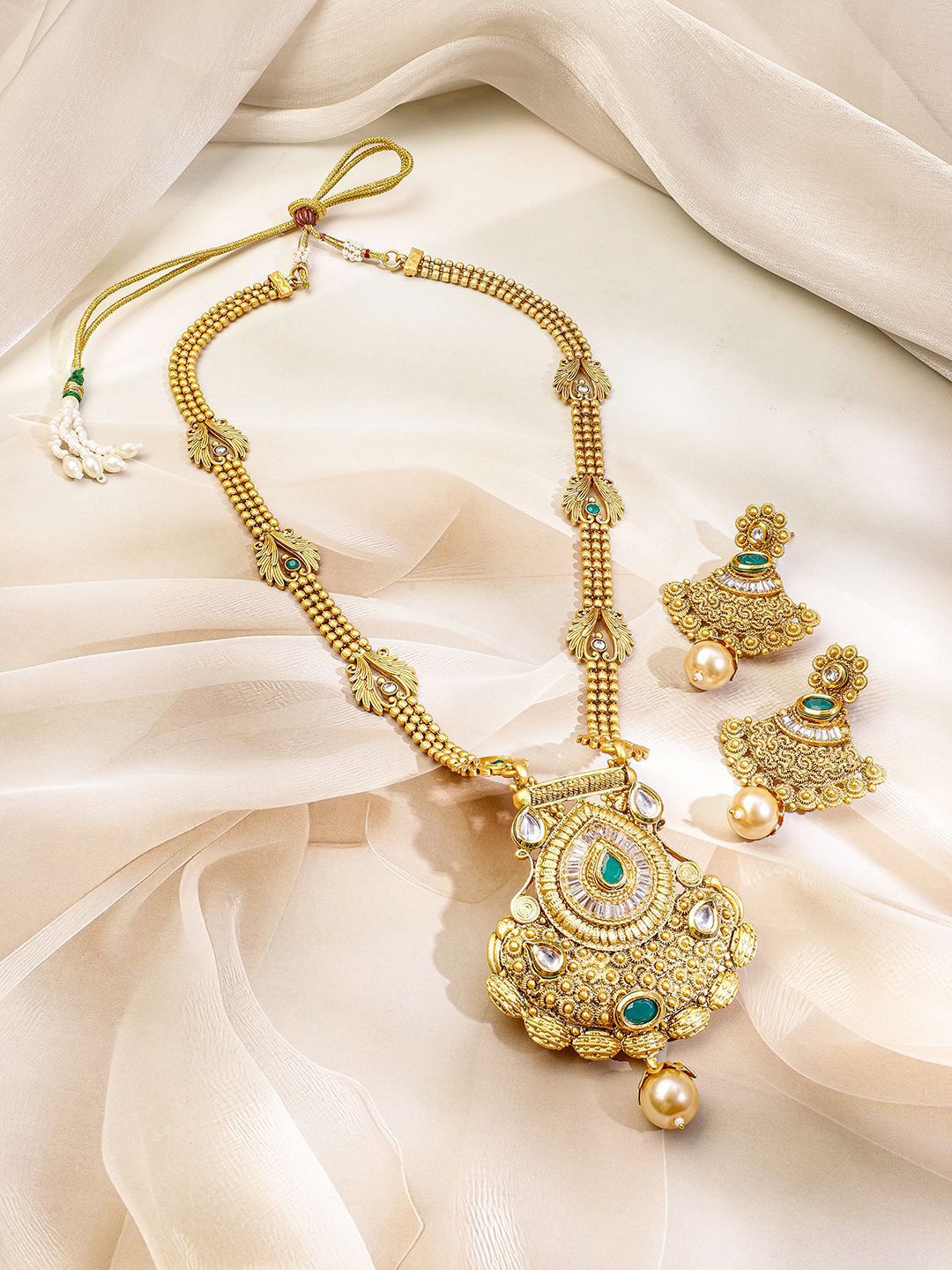 Dhiyona RJ Women's 22K Gold-Plated Emerald Green Stone Studded Traditional Temple Long Necklace Set