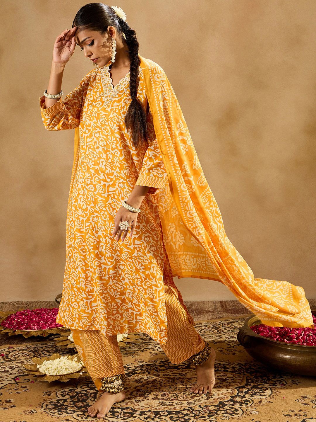 Dhiyona IE Mustard Floral Printed V-Neck Thread Work Straight Kurta With Trousers & Dupatta