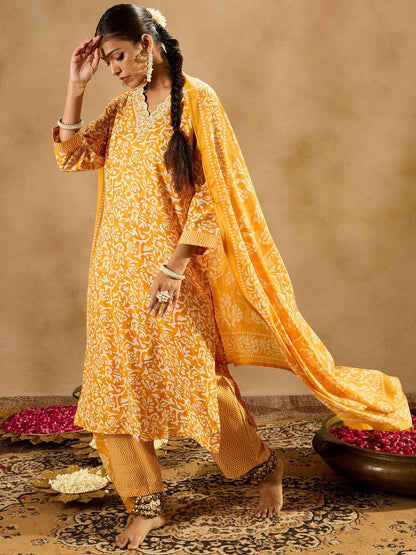 Dhiyona IE Mustard Floral Printed V-Neck Thread Work Straight Kurta With Trousers & Dupatta