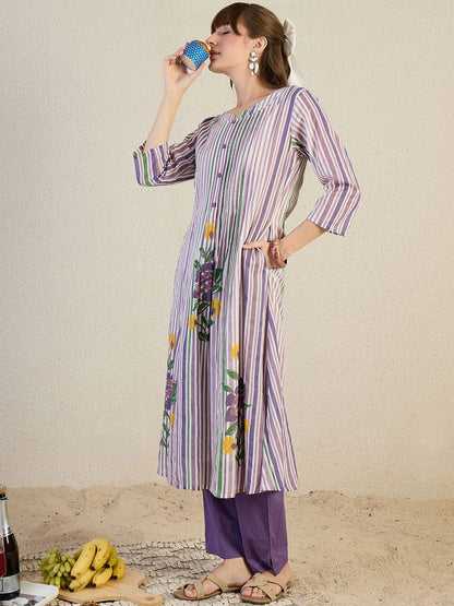 Striped Pure Cotton A-Line Kurta With Trousers