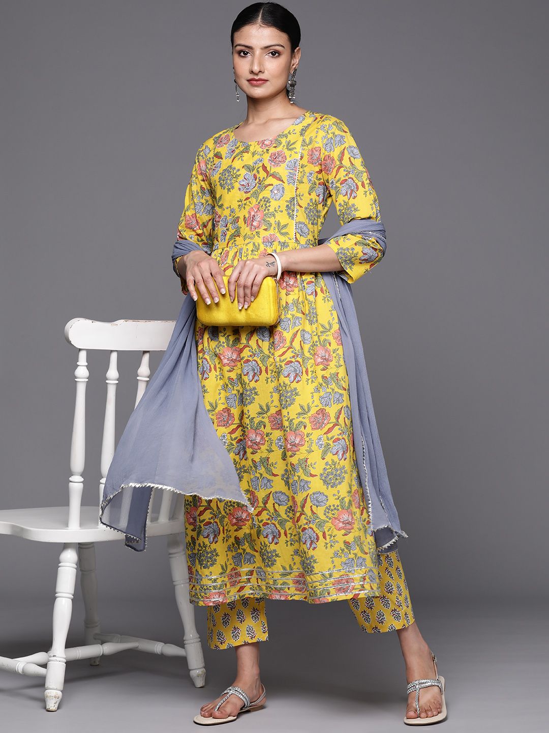 Dhiyona VA Women's Empire Pure Cotton Kurta with Trousers & With Dupatta