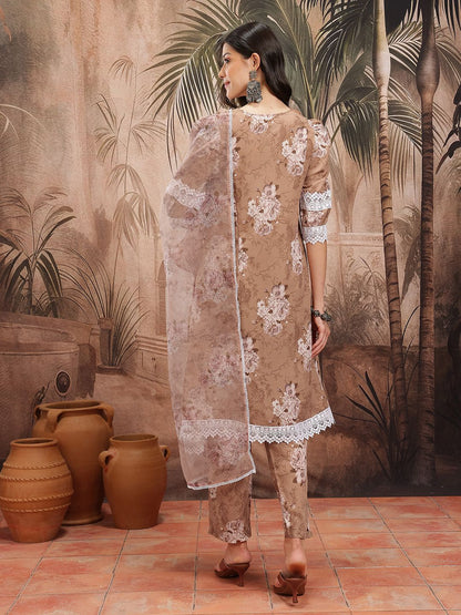 Dhiyona SN Women's Floral Print Paneled Kurta with Trousers & Dupatta