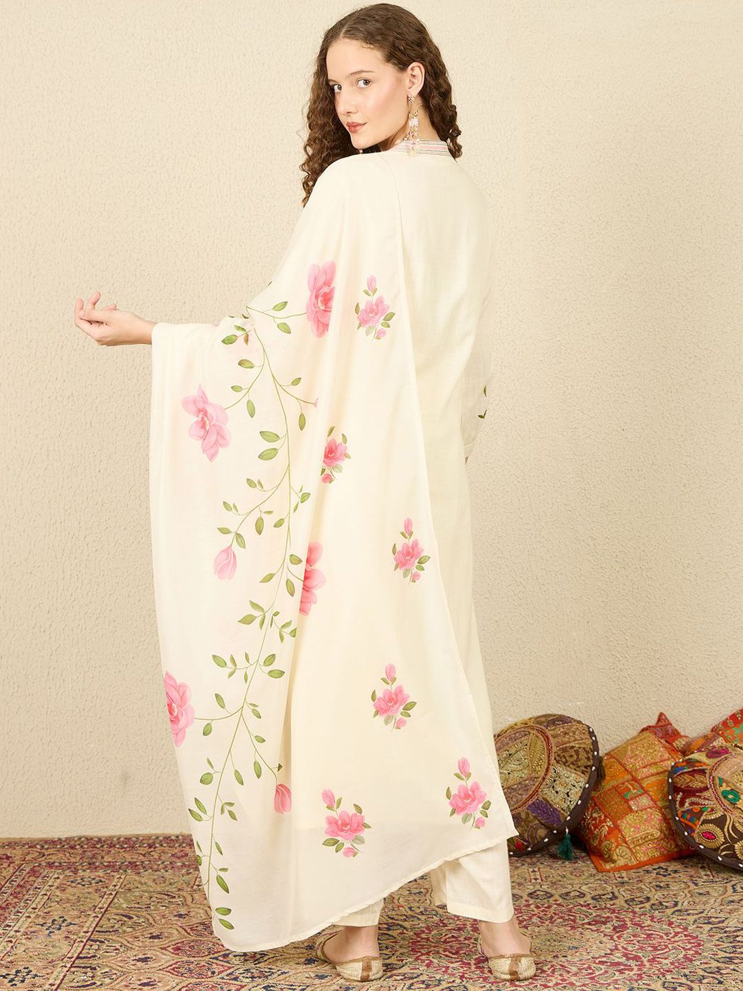Floral Embroidered Notch Neck Straight Kurta with Trousers & Dupatta