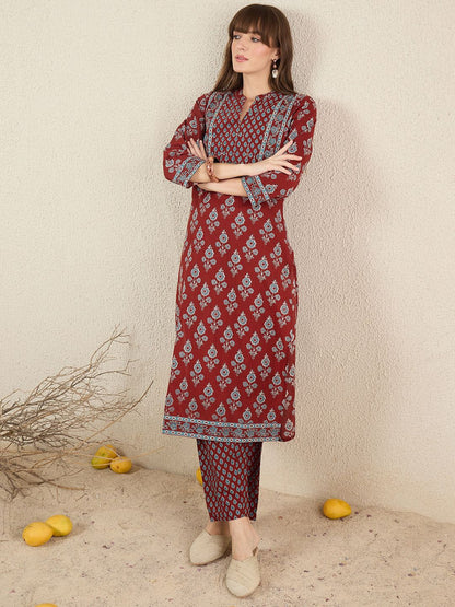 Dhiyona IE Women Floral Printed Cotton Kurta with Trousers