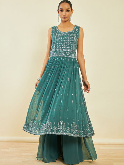 Dhiyona SO Women's Floral Embroidered Beads And Stones A-line Kurta With Palazzos & Dupatta