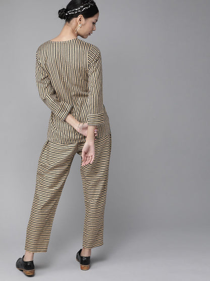 Dhiyona IE Women Beige & Black Striped Wrap Top with Trousers