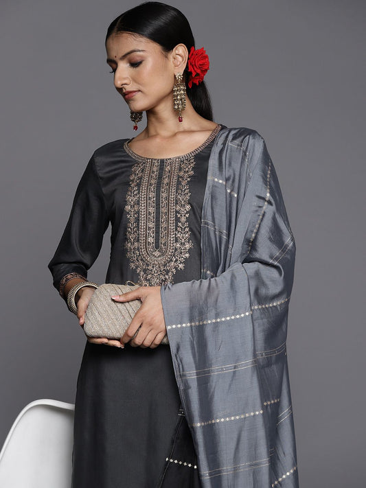 Dhiyona VA Women's Grey Ethnic Motifs Yoke Design Kurta with Trousers & With Dupatta