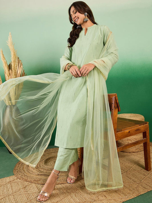 Dhiyona SN Women's Pure Cotton Band Collar Kurta With Trousers & Dupatta