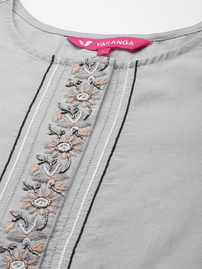 Dhiyona VA Women's Grey Floral Embroidered Thread Work Kurta with Trousers & With Dupatta
