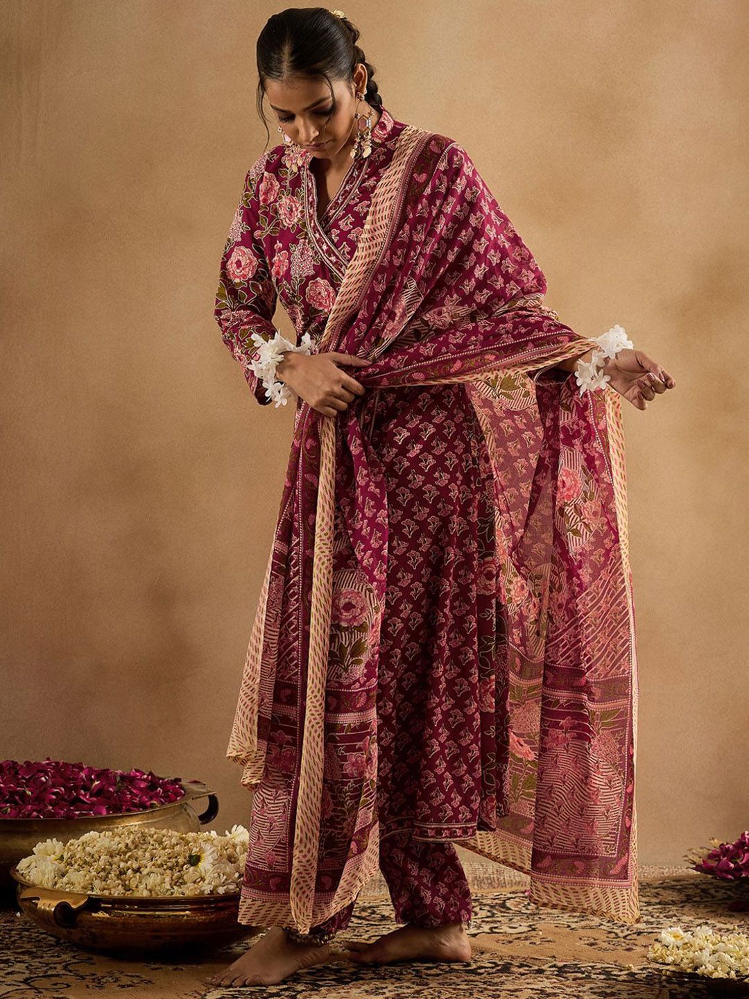 Floral Printed Angrakha Pure Cotton A-Line Kurta With Trouser & Dupatta