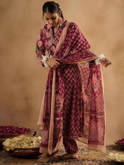 Floral Printed Angrakha Pure Cotton A-Line Kurta With Trouser & Dupatta