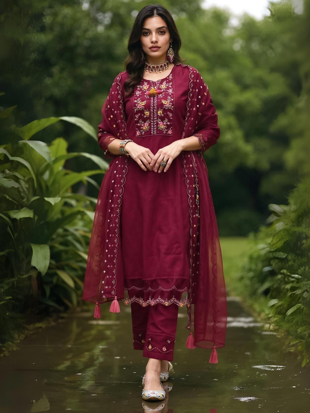 Dhiyona IE Maroon Floral Yoke Design Thread Work Straight Kurta & Trousers With Dupatta