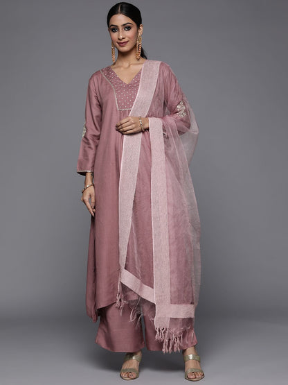 Dhiyona VA Women's Mauve Embroidered Kurta with Palazzos & With Dupatta