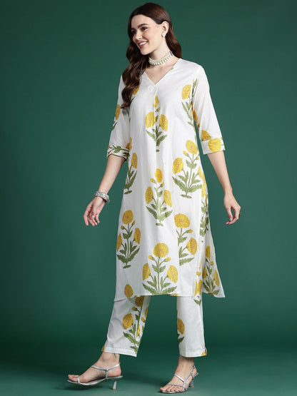 Dhiyona IE Floral Printed Pleated Pure Cotton Kurta with Trousers