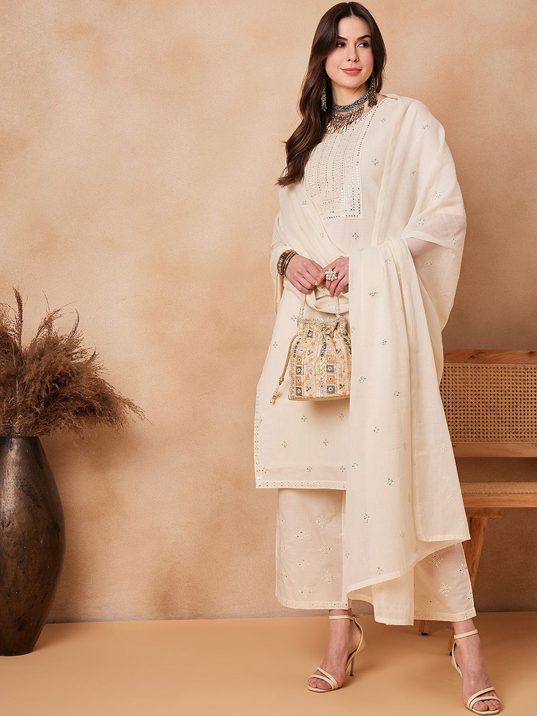 Dhiyona PD Women Floral Embroidered Pure Cotton Straight Kurta With Trouser & Dupatta
