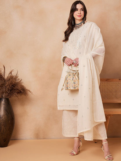 Dhiyona PD Women Floral Embroidered Pure Cotton Straight Kurta With Trouser & Dupatta