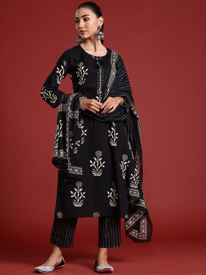 Dhiyona IE Floral Printed Kantha Work Pure Cotton Kurta With Trousers & Dupatta