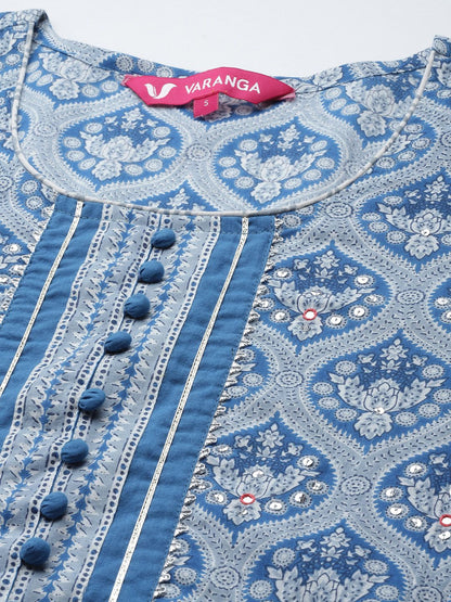Dhiyona VA Women's Blue & Grey Ethnic Printed Pure Cotton Kurta with Trousers & Dupatta