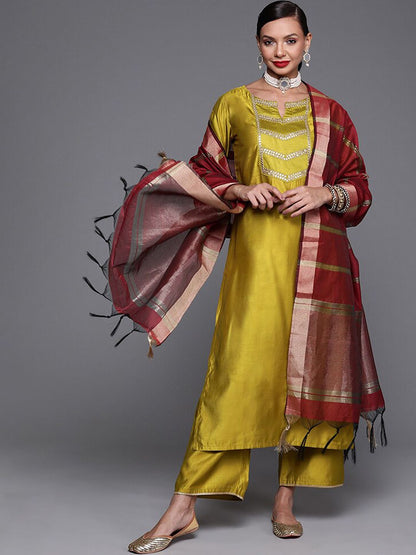 Dhiyona IE Mustard Yellow & Maroon Yoke Design Liva Kurta with Trousers & Dupatta