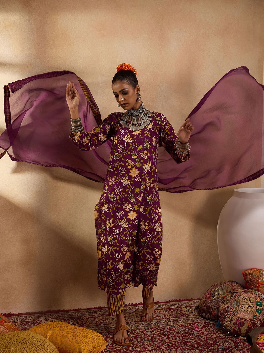 Dhiyona IE Floral Printed Round Neck Three-Quarter Sleeves Pure Cotton Kurta Set