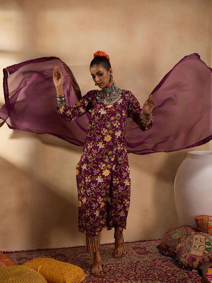 Dhiyona IE Floral Printed Round Neck Three-Quarter Sleeves Pure Cotton Kurta Set