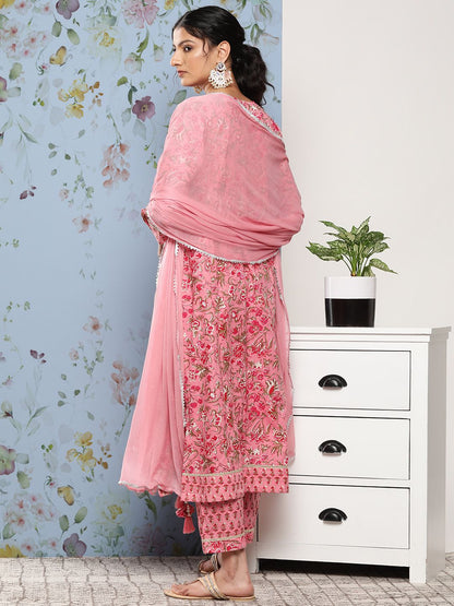 Dhiyona VA Women's Pink Floral Printed Gotta Patti Pure Cotton Kurta with Trousers & With Dupatta