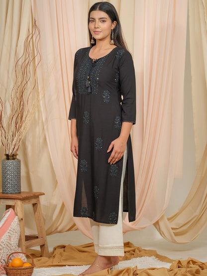 Dhiyona OD  Tie U[p Neck Sequined Embroidered Straight Kurta