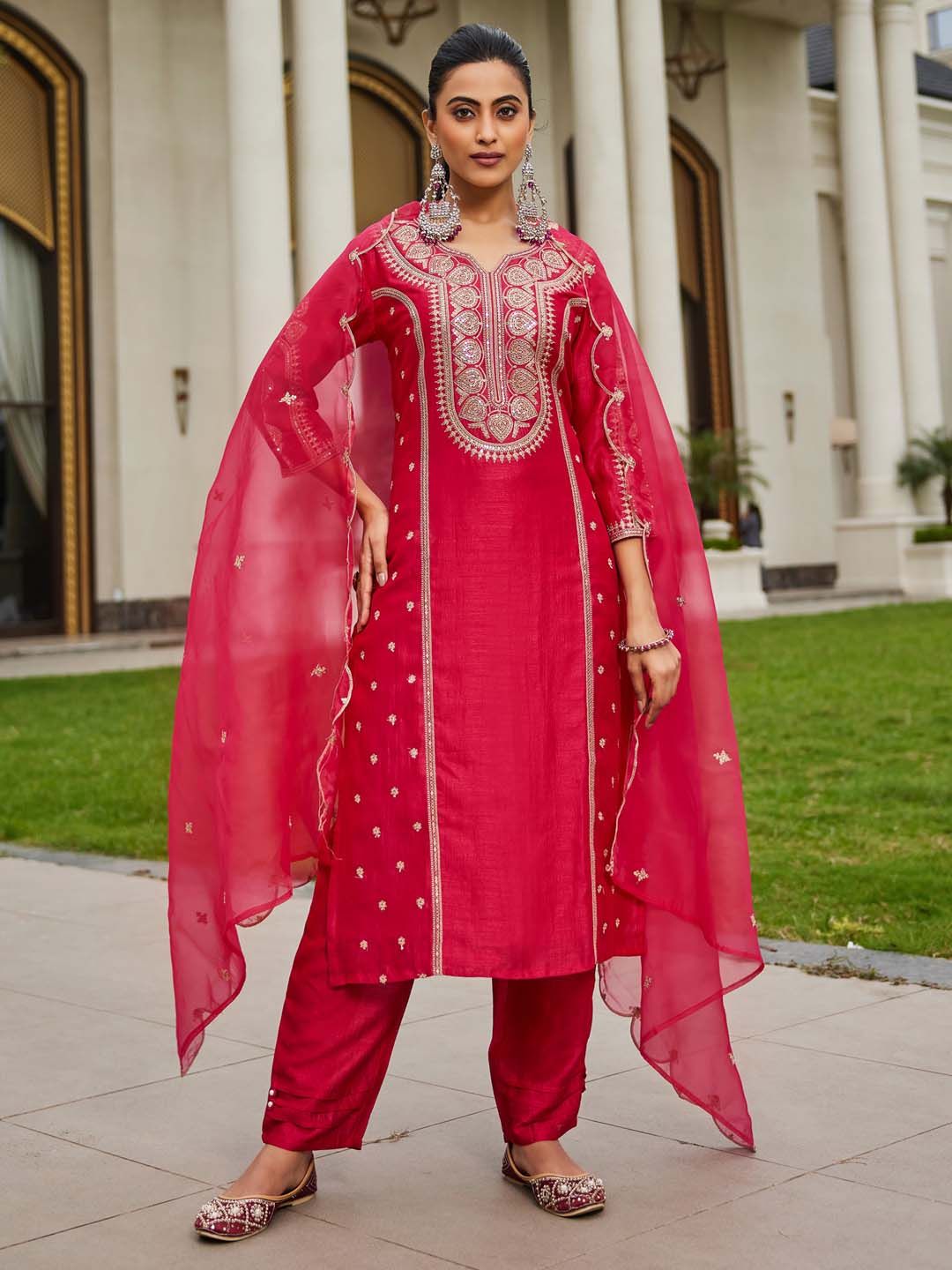 Women Ethnic Motifs Embroidered Panelled Kurta with Trousers & With Dupatta
