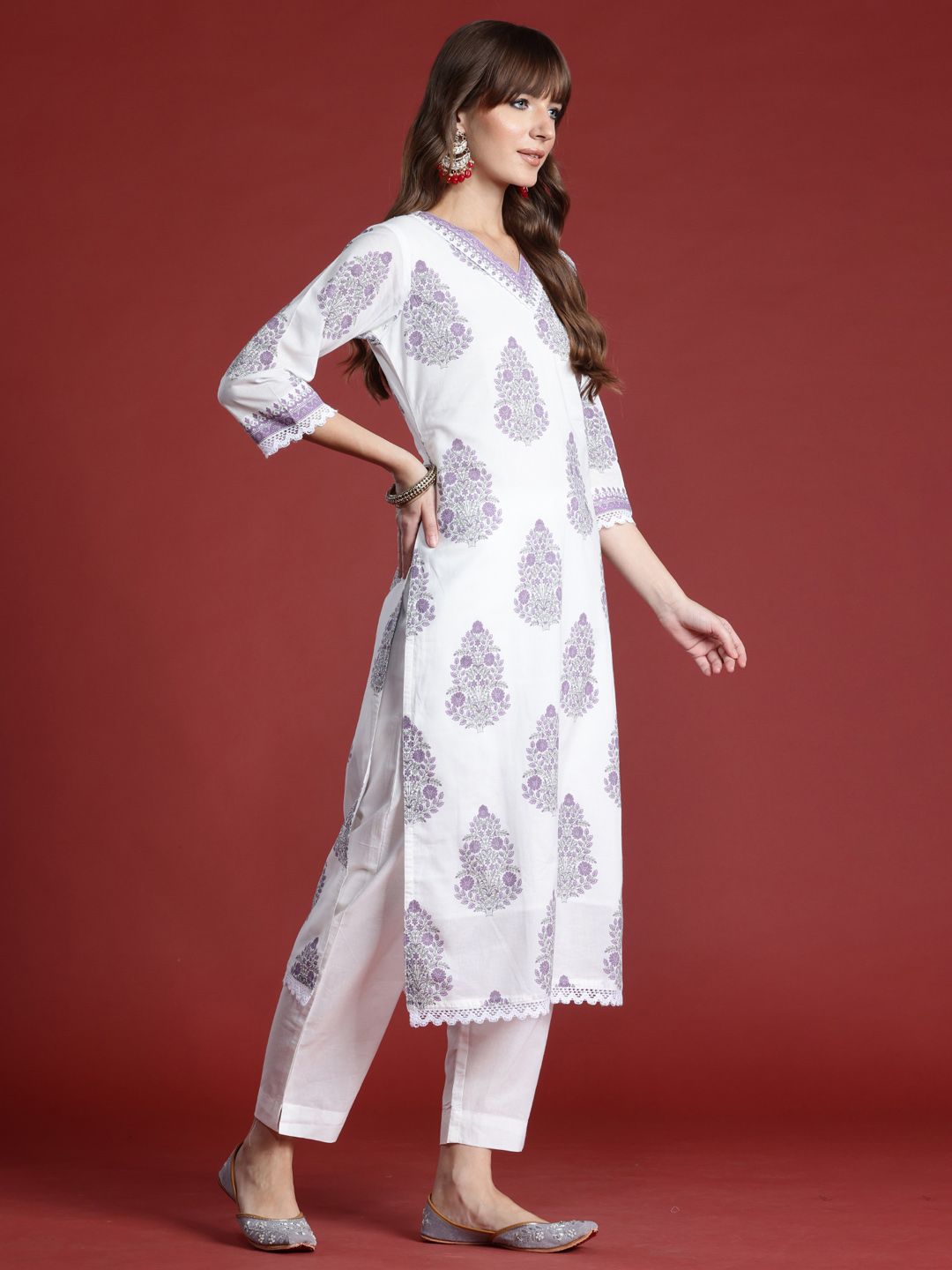 Dhiyona IE Floral Printed Sequinned Pure Cotton Kurta with Trousers & Dupatta