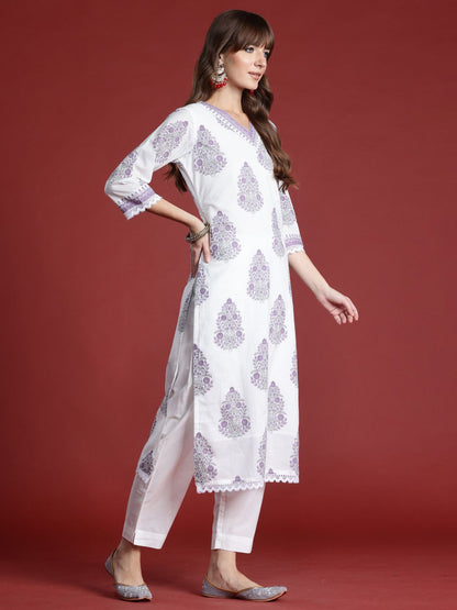 Dhiyona IE Floral Printed Sequinned Pure Cotton Kurta with Trousers & Dupatta