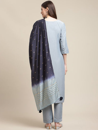 Dhiyona VA Women's Grey & Navy Blue Floral Embroidered Kurti with Trousers & With Dupatta