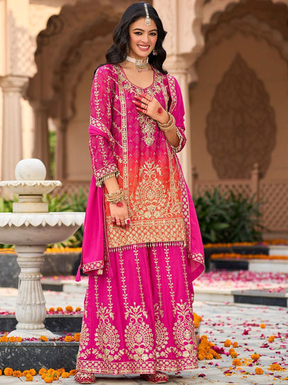Floral Embroidered Zari Straight Kurti With Palazzos And Dupatta