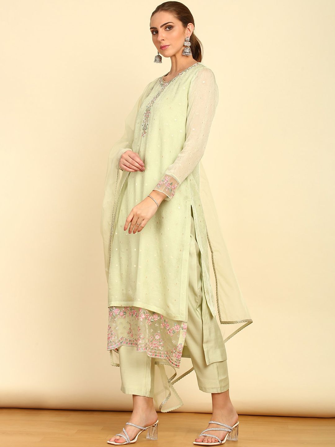 Dhiyona SO Women's Green Floral Embroidered Straight Kurta with Trousers & Dupatta