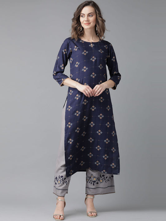 Dhiyona IE Women Navy Blue Geometric Printed Kurta