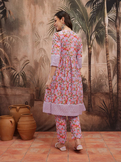 Dhiyona SN Women's Floral Print Empire Lace Insert Detail Pure Cotton A-Line Kurta with Trousers