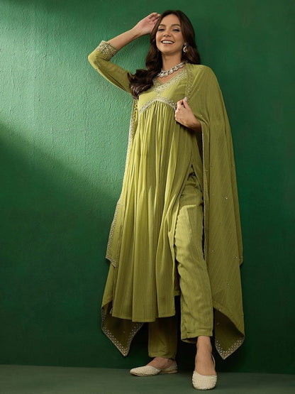 Women's Embroidered V-Neck Kurta With Trousers & Dupatta