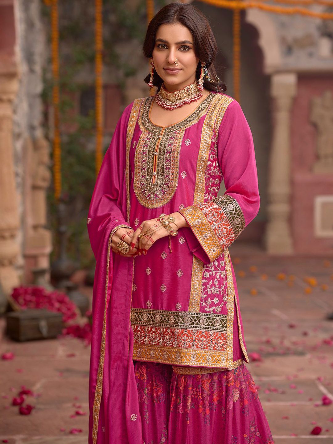 Dhiyona IE Floral Embroidered Sequinned Chinon Straight Kurta With Sharara & Dupatta