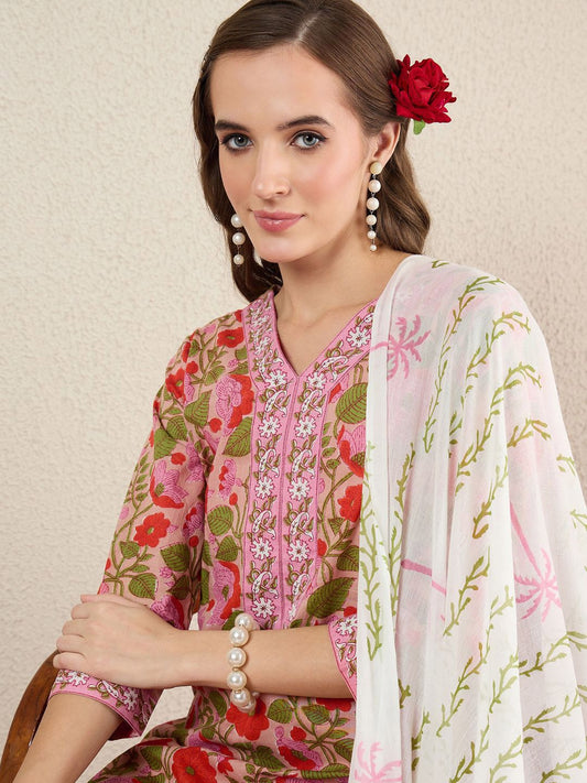 Dhiyona IE Floral Printed Pure Cotton V-Neck A-Line Kurta With Salwar And Dupatta