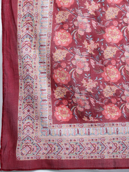 Floral Embroidered Thread Work Kurta With Palazzos & Dupatta