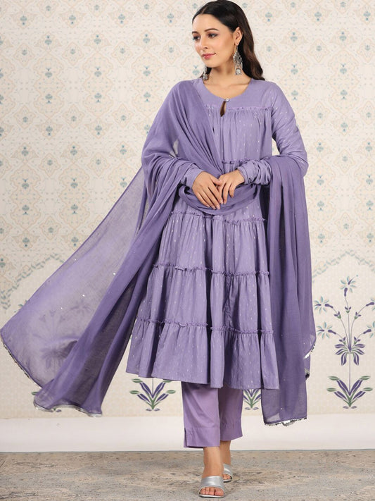 Dhiyona OD  Keyhole Neck A-Line Tiered Woven Design Pure Cotton Kurta Set