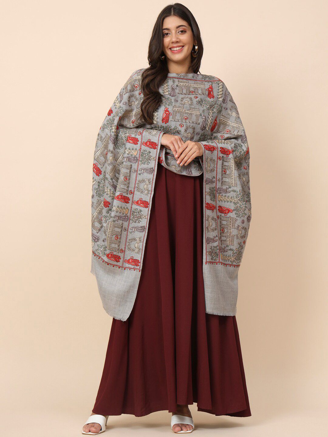 Dhiyona PA Ethnic Motifs Embroidered Woolen Shawl