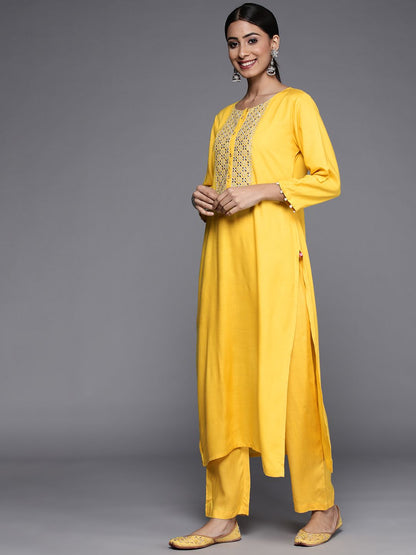 Dhiyona VA Women's Yellow Yoke Design Mirror Work Kurta with Trousers & Dupatta
