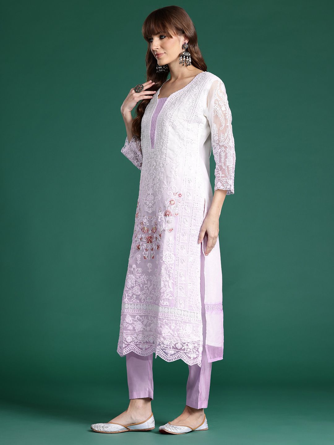 Floral Embroidered Sequinned Kurta with Trousers & Dupatta