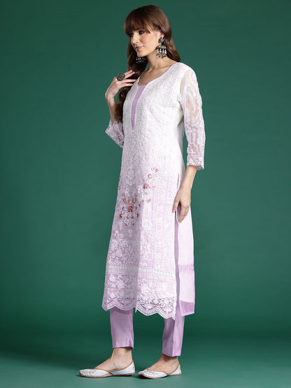 Floral Embroidered Sequinned Kurta with Trousers & Dupatta