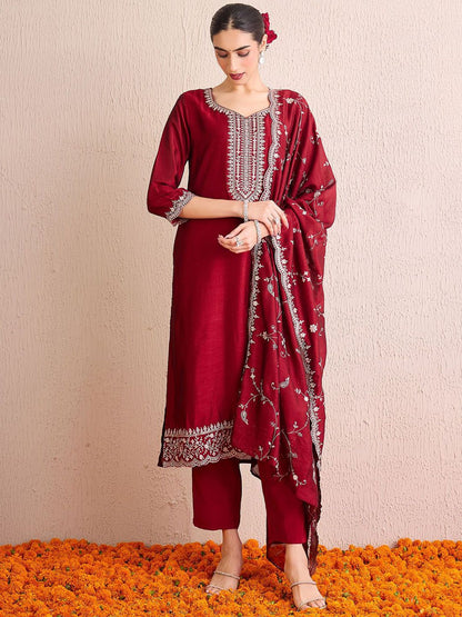 Women Ethnic Motifs Yoke Design Regular Sequinned Kurta with Trousers & With Dupatta